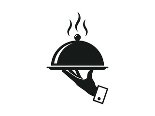 Fototapeta premium Minimalist waiter hand holding food tray cloche. Restaurant service icon with hot meal steam. Black and white dining vector illustration.