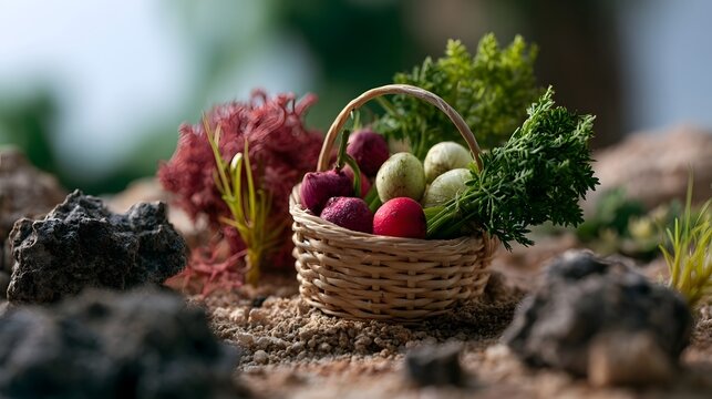 A woven basket filled with fresh radishes and green herbs sits on sandy ground beside dark rocks and colorful plants
