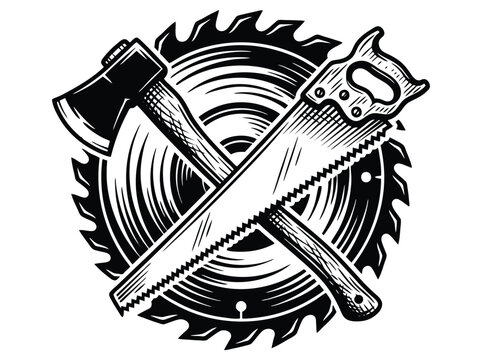 Vintage woodworking tools emblem, crossed axe and hand saw with circular saw blade, retro carpentry workshop vector illustration