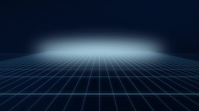 Futuristic Grid Tunnel with Neon Blue Lighting and Perspective Lines