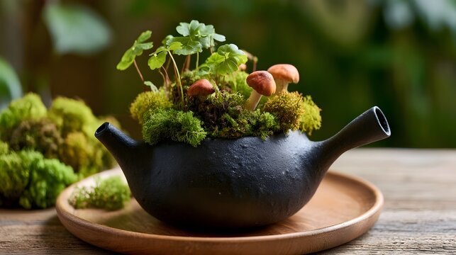 A black ceramic teapot repurposed as a miniature garden  filled with moss  small mushrooms  and leafy green plants