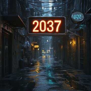 Dystopian city cyberpunk style street scene with a glowing display screen marked at the year 2038