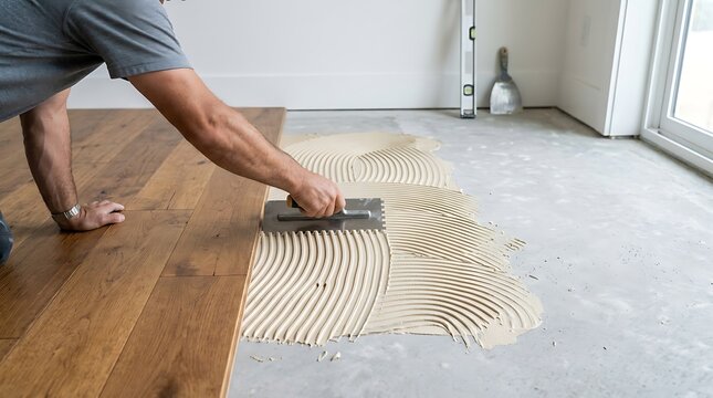 Professional worker installing hardwood flooring with adhesive on concrete subfloor