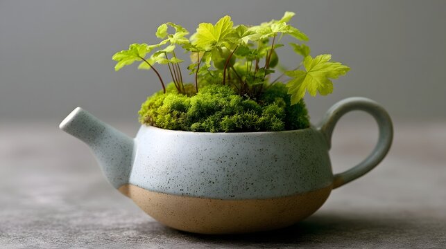 A ceramic teapot repurposed as a planter  filled with vibrant green moss and leafy plants  set against a soft gray background