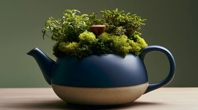 A blue ceramic teapot filled with lush green moss and small plants  sitting on a wooden surface against a muted green background