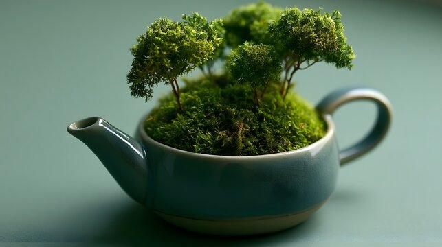 A ceramic teapot filled with lush green moss and miniature trees  creating a miniature forest scene