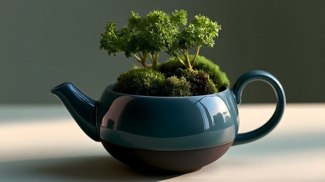 A ceramic teapot repurposed as a planter  holding lush green moss and small leafy plants under soft lighting