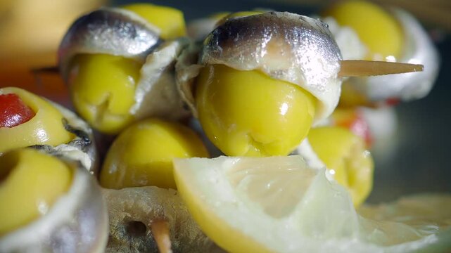 Close-up of Spanish Tapas Gilda with Anchovies and Olives