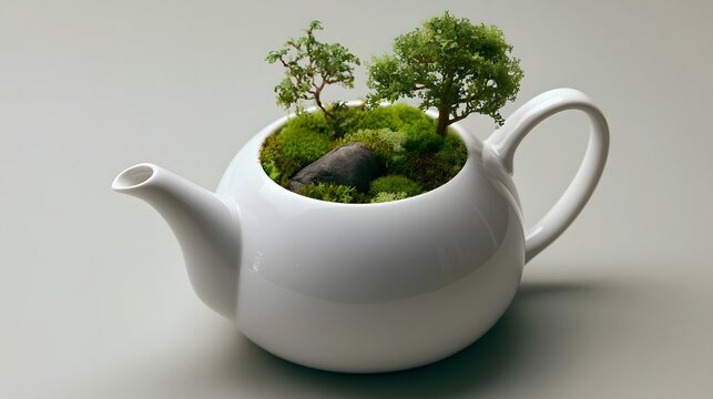 A white ceramic teapot repurposed as a miniature garden  housing small trees  moss  and a rock in a surreal  ic composition