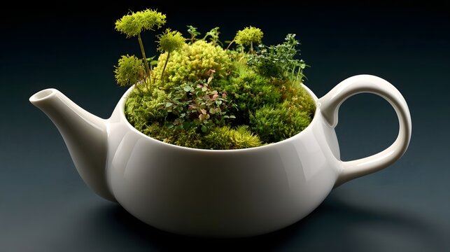 A white ceramic teapot filled with lush green moss and small plants  creating a miniature garden in an unexpected container