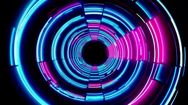 Neon portal of pink and blue concentric rings disappears into infinity. Bright tunnel lighting creates immersion in virtual reality and digital space. Futuristic virtual reality concept