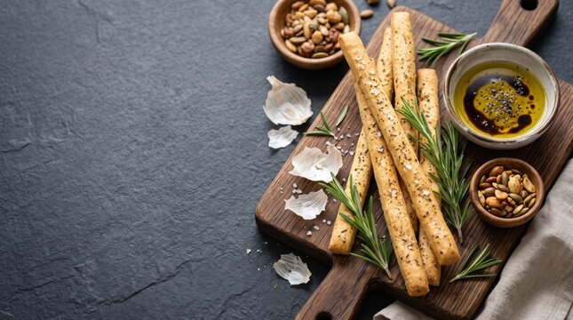 Crispy breadsticks with fresh rosemary sprigs and olive oil dip on a wooden cutting board with scattered garlic cloves and mixed seeds on a dark textured stone background