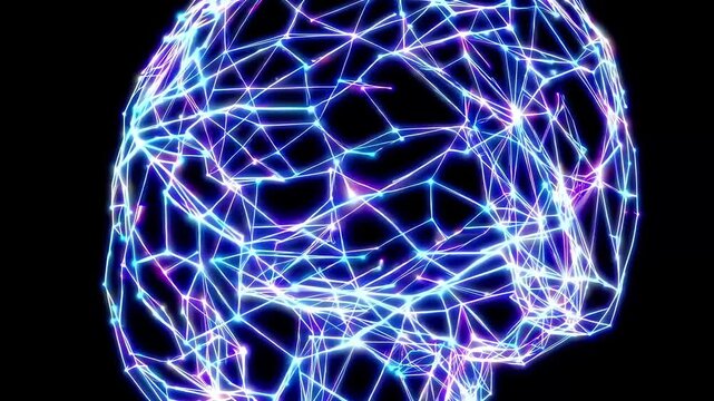 Abstract network of glowing violet and blue lines on deep black background. Visual style represents brain neural connections or complex data structure. Modern digital technology atmosphere