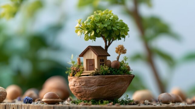 A miniature wooden house nestled inside a walnut shell with a small tree growing above it  surrounded by moss and tiny plants