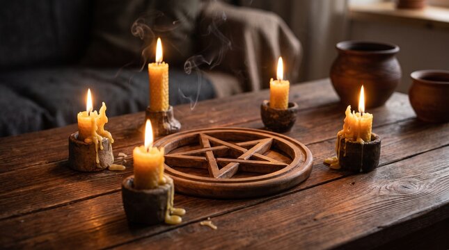 Candles burning around a pentagram on a dark wooden surface, mystical ambiance