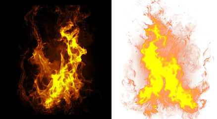 Fototapeta premium Fiery orange flame isolate with burning embers on black background and transparency for design elements like visual effects video compositing.