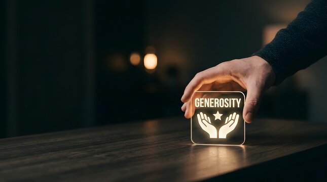 Hand placing a glowing glass block with generosity concept on wooden table