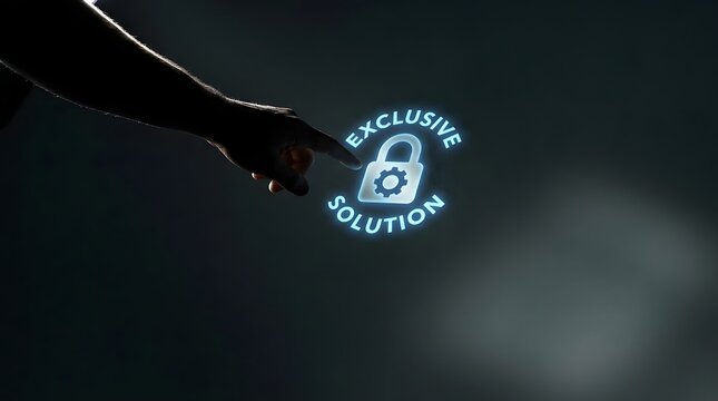 Hand touching a glowing digital padlock icon with exclusive solution text