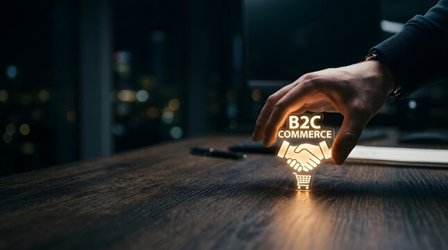 Hand holding glowing business commerce icon on wooden desk in dark office