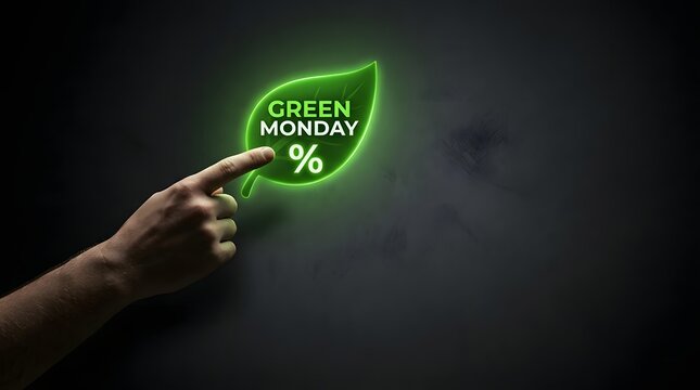 Human finger touching a glowing green leaf icon on a dark background