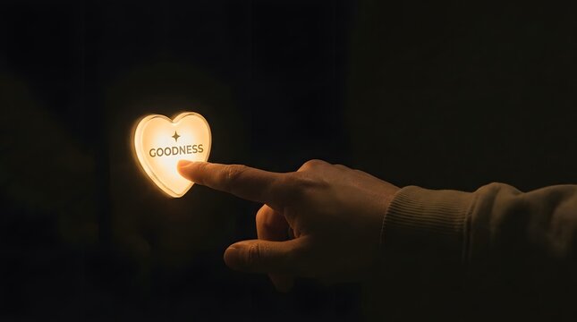 Human finger touching a glowing heart shape with goodness text on dark