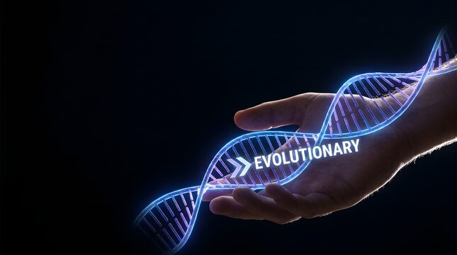 Human hand holding a glowing blue digital dna strand with evolutionary text