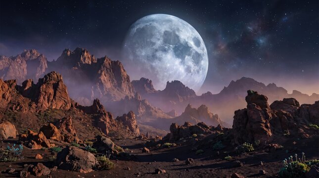 Rugged terrain of an extraterrestrial planet with a glowing moon on the horizon.