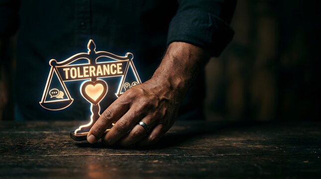 Person holds a glowing tolerance scale object on a dark wooden table