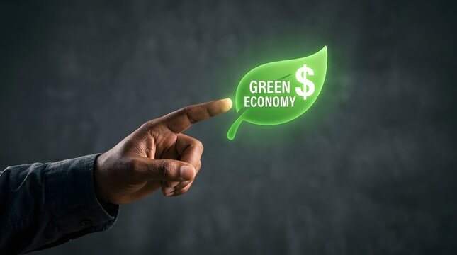 Person pointing at a glowing green economy leaf icon on dark background