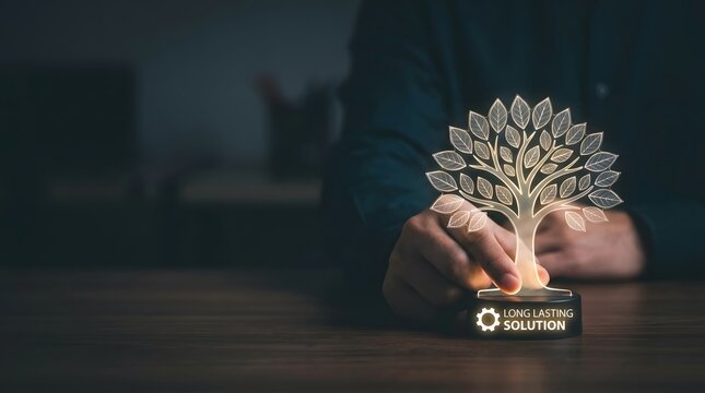 Person holding a glowing tree icon on a wooden desk with business solution label