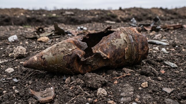 Exploded artillery shell on dirt ground, war remains and conflict aftermath