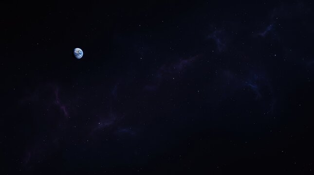 Vast dark cosmic void featuring a distant solitary planet and faint glowing stars.