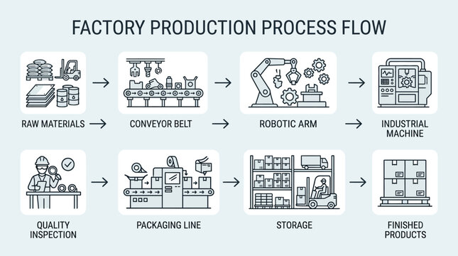 Factory production process flow infographic with industrial manufacturing icons