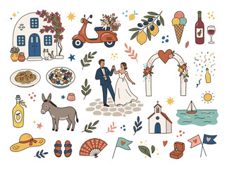 Naklejka premium Whimsical, hand‑drawn summer illustrations in a trendy style, perfect doodles for quirky Italian‑Greek wedding posters, dinner and bar menus, bachelorette parties, birthday invitations, and signs