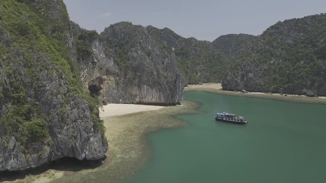 Aerial view of the natural scenery of the karst peaks and forests in Ha Long Bay, Vietnam