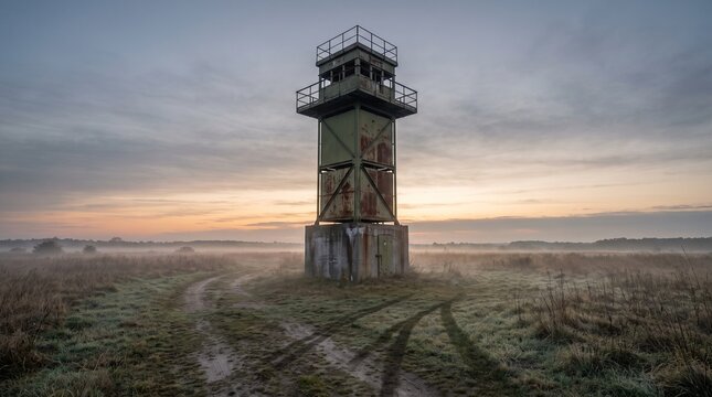 Military watchtower standing at dawn in a rural landscape