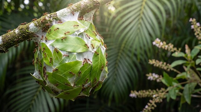 Ant nest made of leaves and silk hanging from a tree branch in a lush forest.