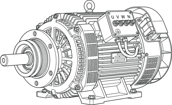 Technical line art drawing of a three phase industrial electric motor.