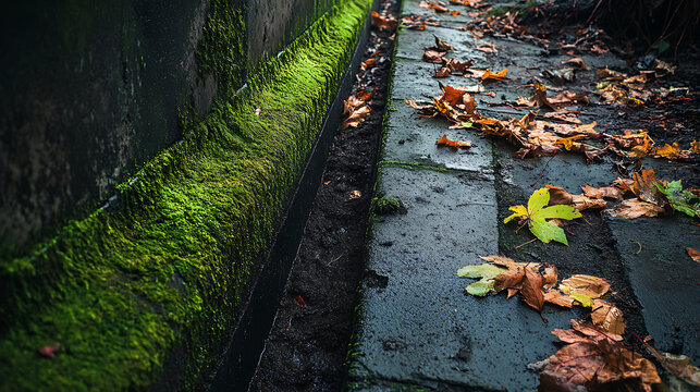 Narrow urban drainage trench covered with green moss and wet autumn leaves on a rainy day