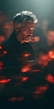 A skilled conductor passionately leading a live symphony orchestra in a dark concert hall ambiance.