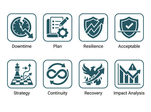 A solid glyph-style icon set for business continuity, featuring icons for downtime, planning, resilience, acceptability, strategy, continuity, and recovery