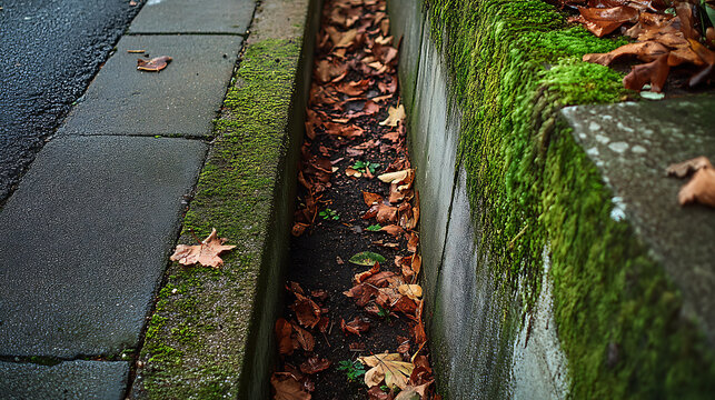 Narrow concrete drainage ditch filled with fallen autumn leaves and vibrant green moss along a wet pavement