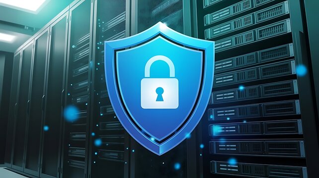 Digital security concept featuring a glowing blue shield and padlock positioned in front of a server room rack for data protection and safety