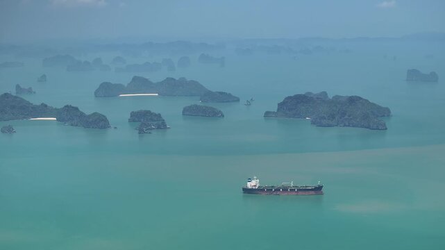 Aerial view of the natural scenery of the karst peaks and forests in Ha Long Bay, Vietnam