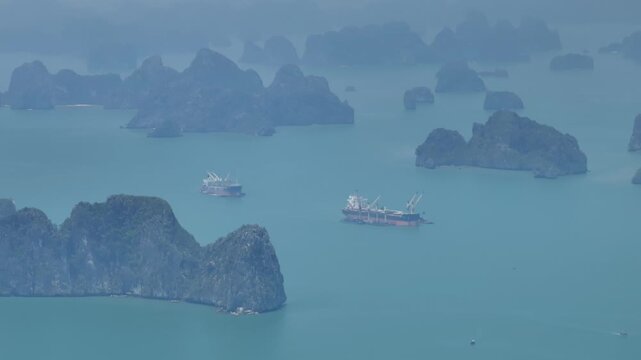 Aerial view of the natural scenery of the karst peak forest in Ha Long Bay, Vietnam