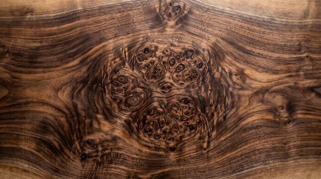 Polished walnut wood slab displaying intricate burl grain patterns captured in a macro studio lighting environment