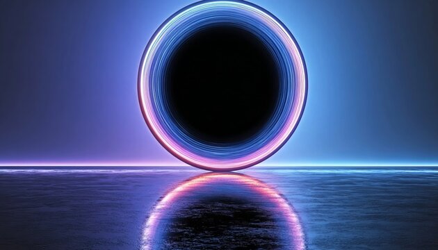 Hypnotic Abstract Circular Glassy Portal with Neon Blue and Purple Glowing Lights on Dark Surface.