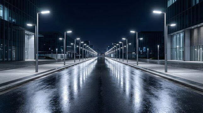 Modern city street illuminated by led lamps on a wet rainy night