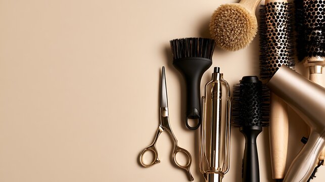 Awesome photo of professional hair styling tools arranged on a beige background.
