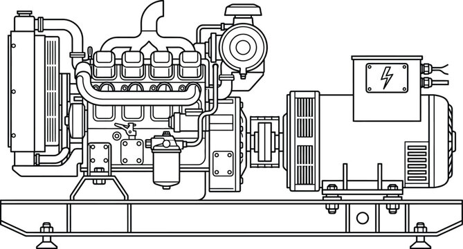Technical line drawing of a industrial diesel electric generator set.
